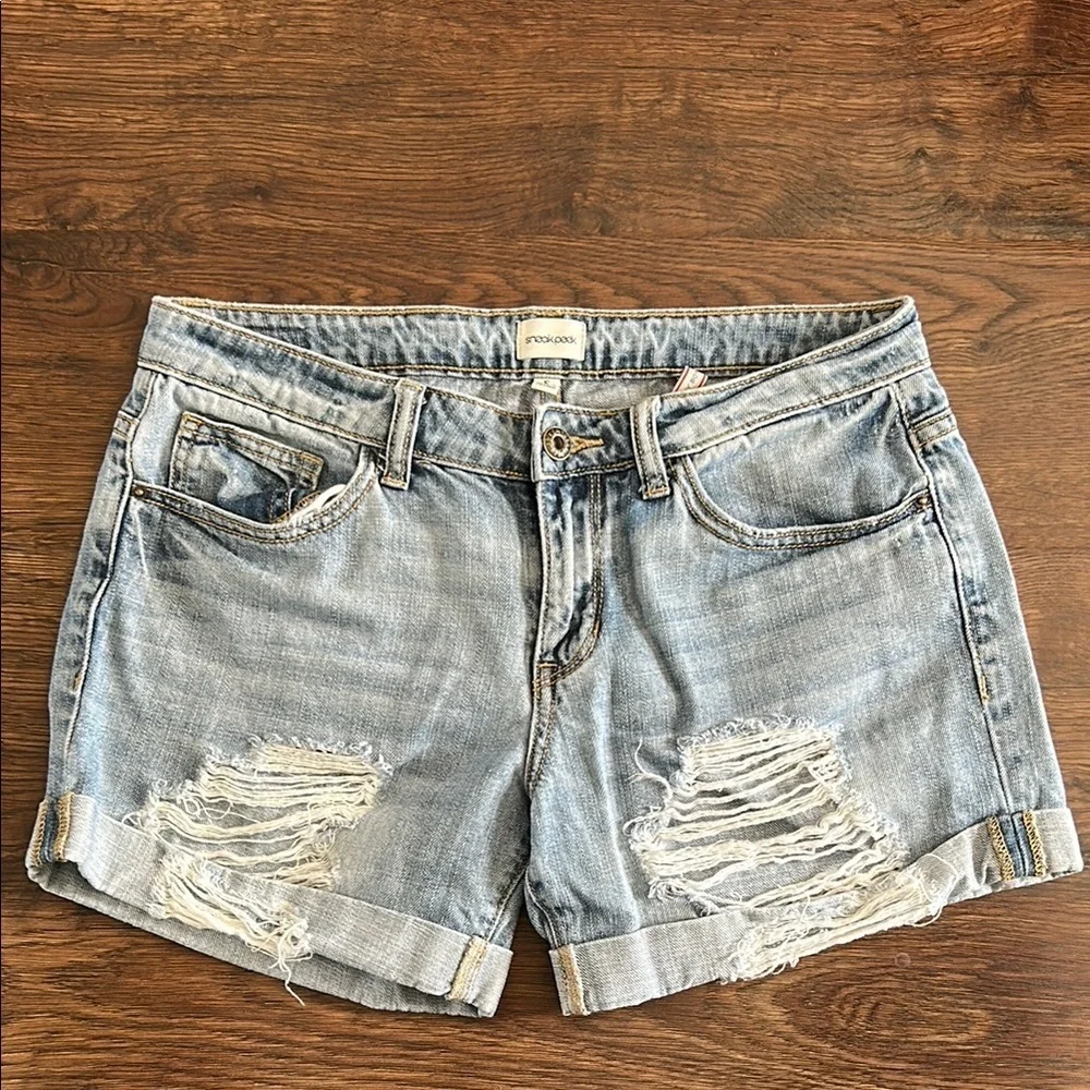 Sneak Peek Women's Distressed Denim Shorts | Blue Denim Shorts | Distressed